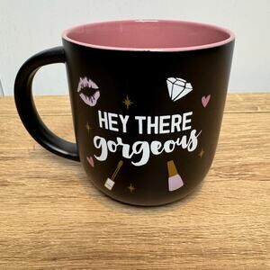 Black Coffee Mug "Hey There Gorgeous"  featuring graphics of lipstick polish